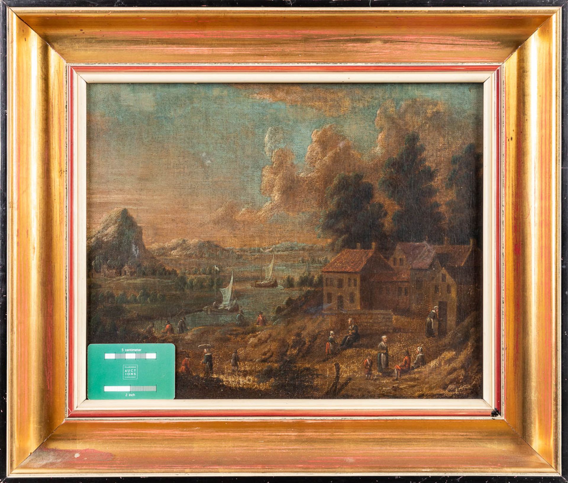 Animated landscape scne', an antique painting, oil on canvas. 18th C. (W:42 x H:33 cm) - Image 6 of 8