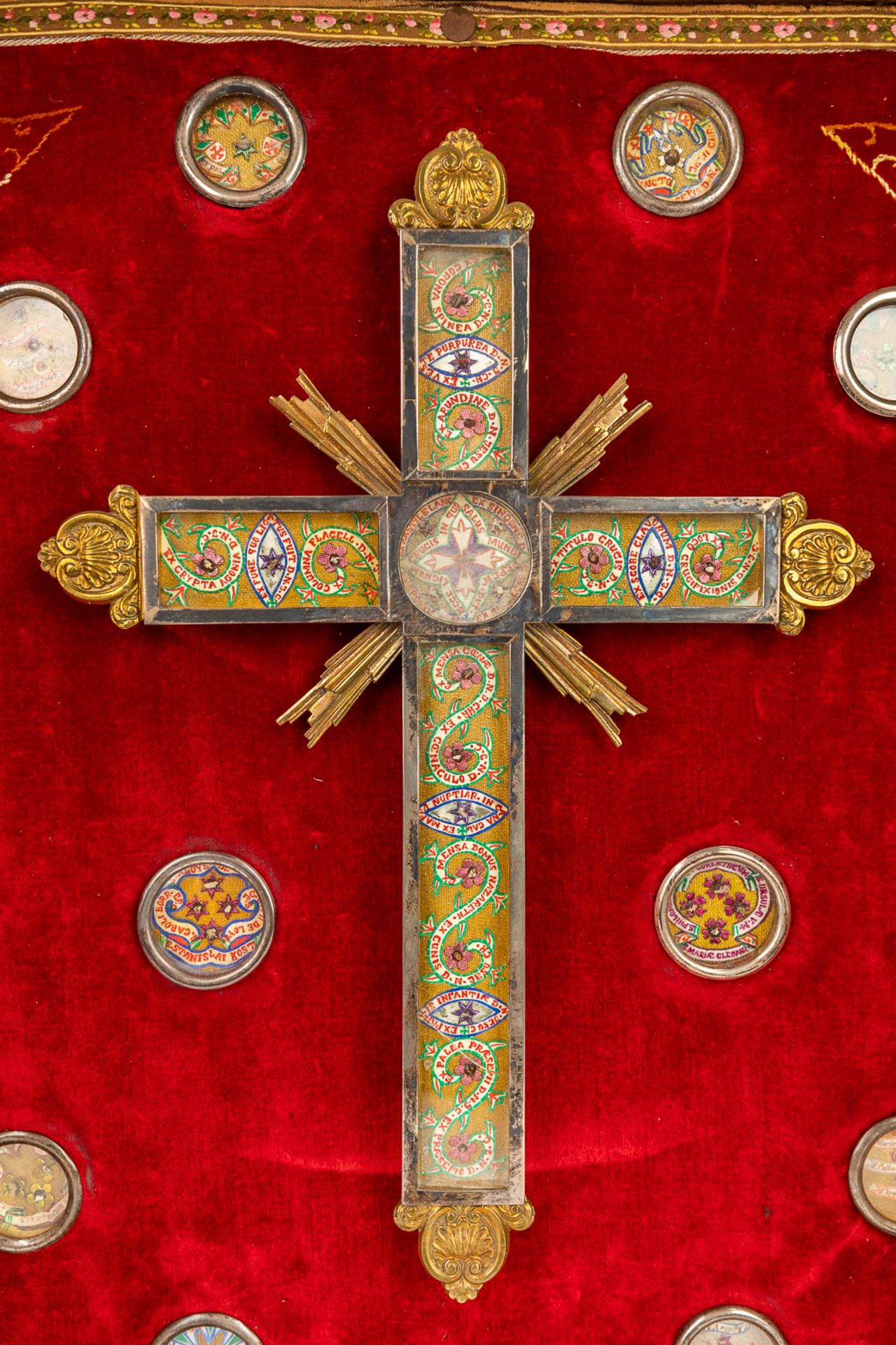 An antique reliquary box with relics a relic crucifix and embroidery. (L:13 x W:52 x H:75 cm) - Image 15 of 23