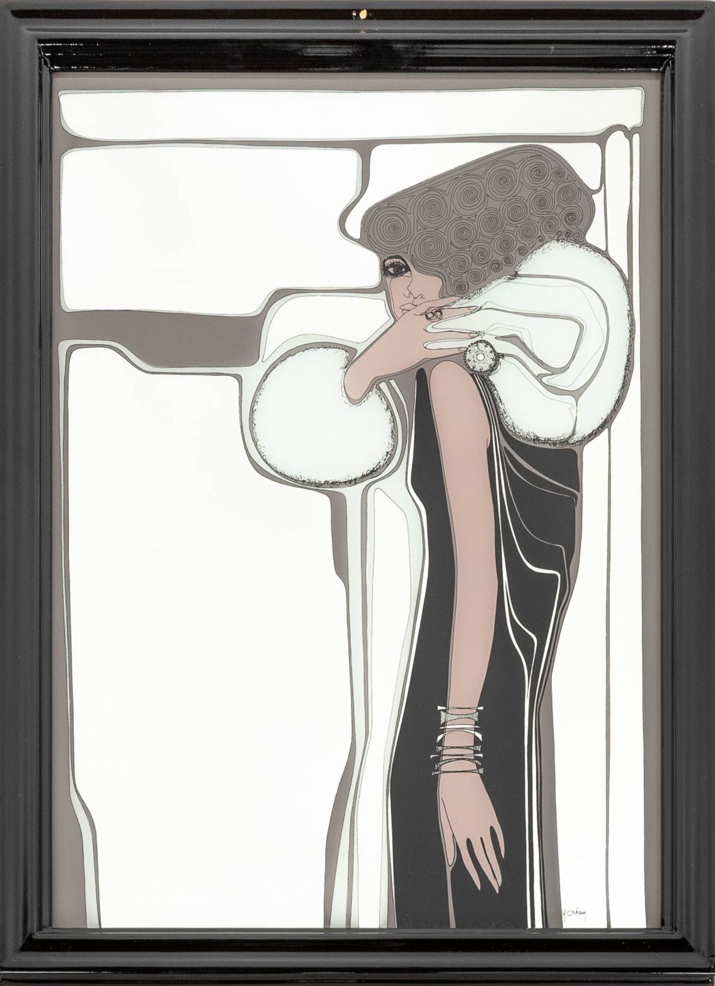 A decorative pair of framed mirrors, with an Art Deco style image. (W:60 x H:79 cm) - Image 3 of 9