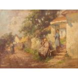 Agoston ACS (1889-1947) 'Ladies in the road' a painting, oil on canvas. (W:80 x H:60 cm)