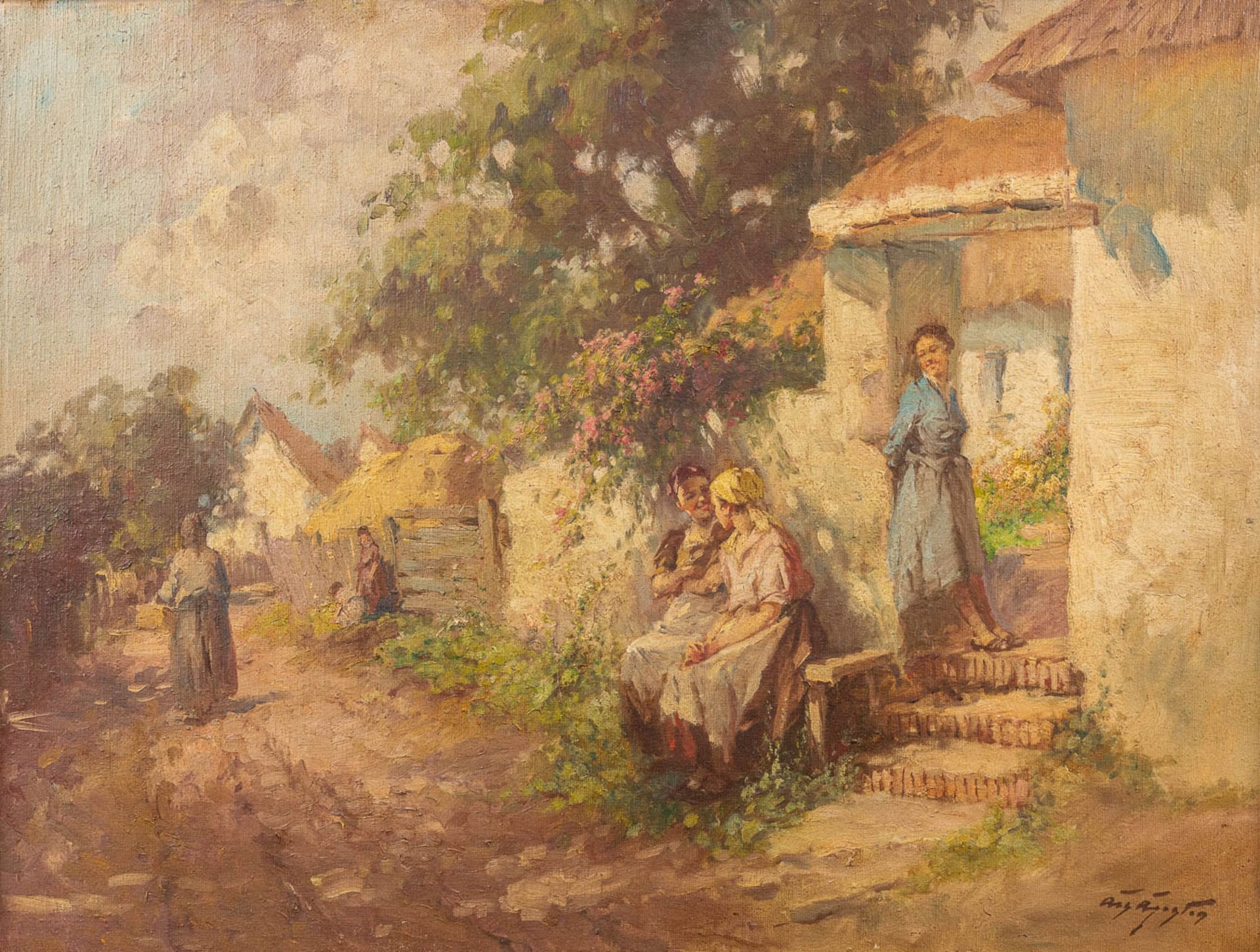 Agoston ACS (1889-1947) 'Ladies in the road' a painting, oil on canvas. (W:80 x H:60 cm)