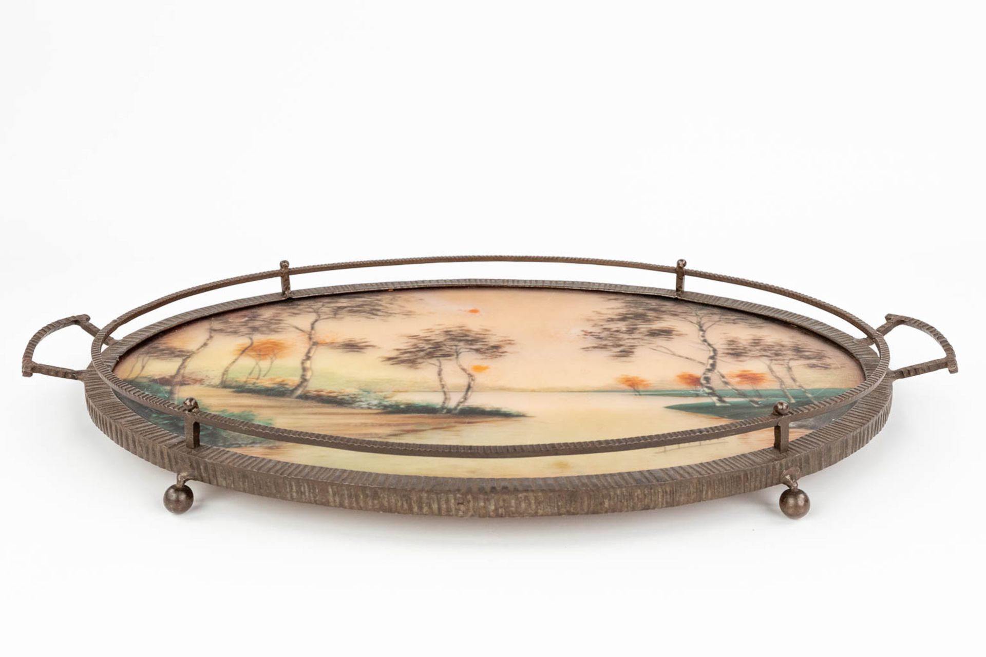Germonde, a wrought iron and reverse glass painting serving tray in art deco style. Circa 1920. (L: - Bild 6 aus 17