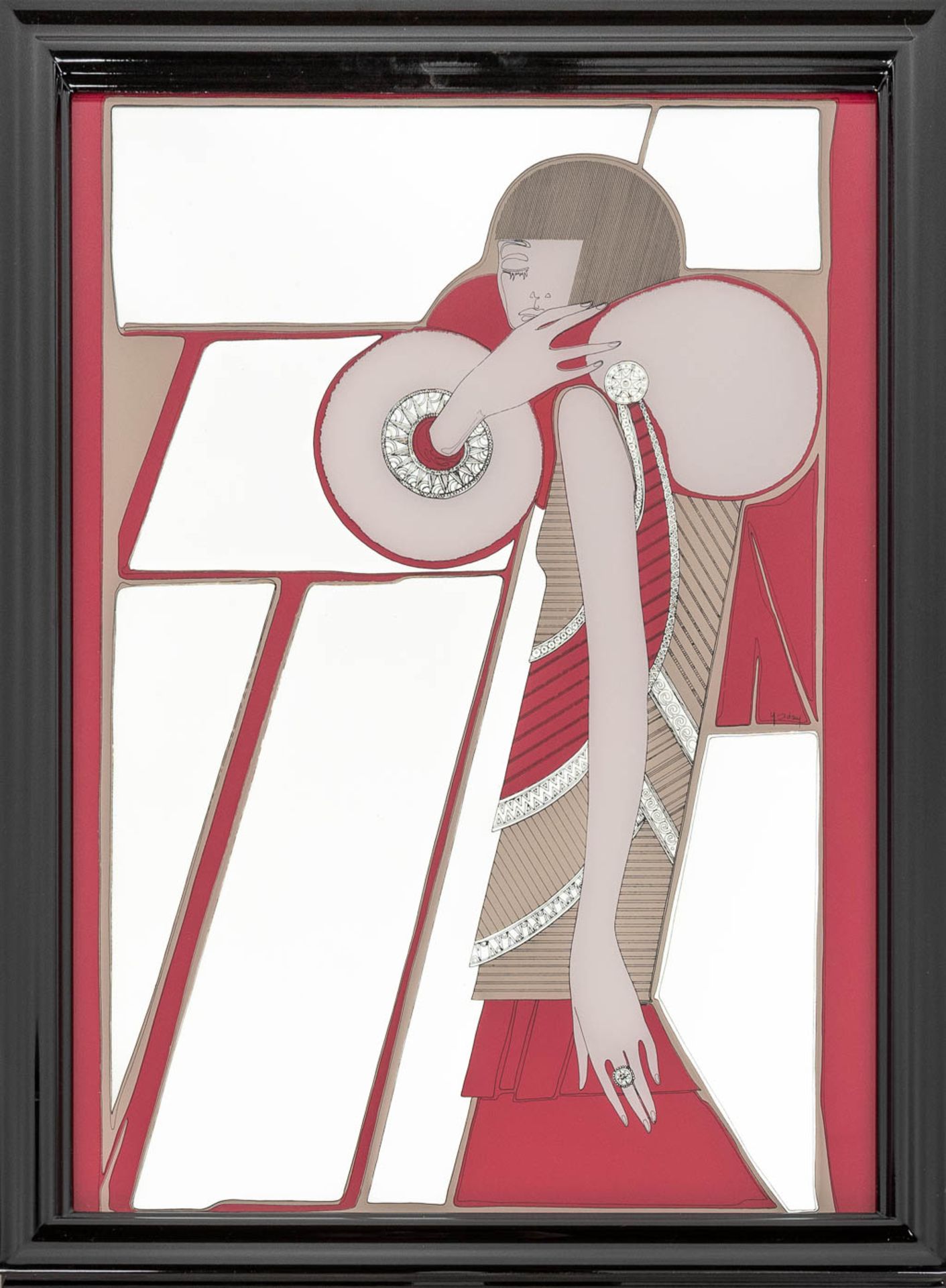 A decorative pair of framed mirrors, with an Art Deco style image. (W:60 x H:79 cm) - Image 4 of 9