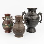 A collection of 3 Oriental vases made of bronze, of which one has a champslevŽ decor. (L:28 x W:35