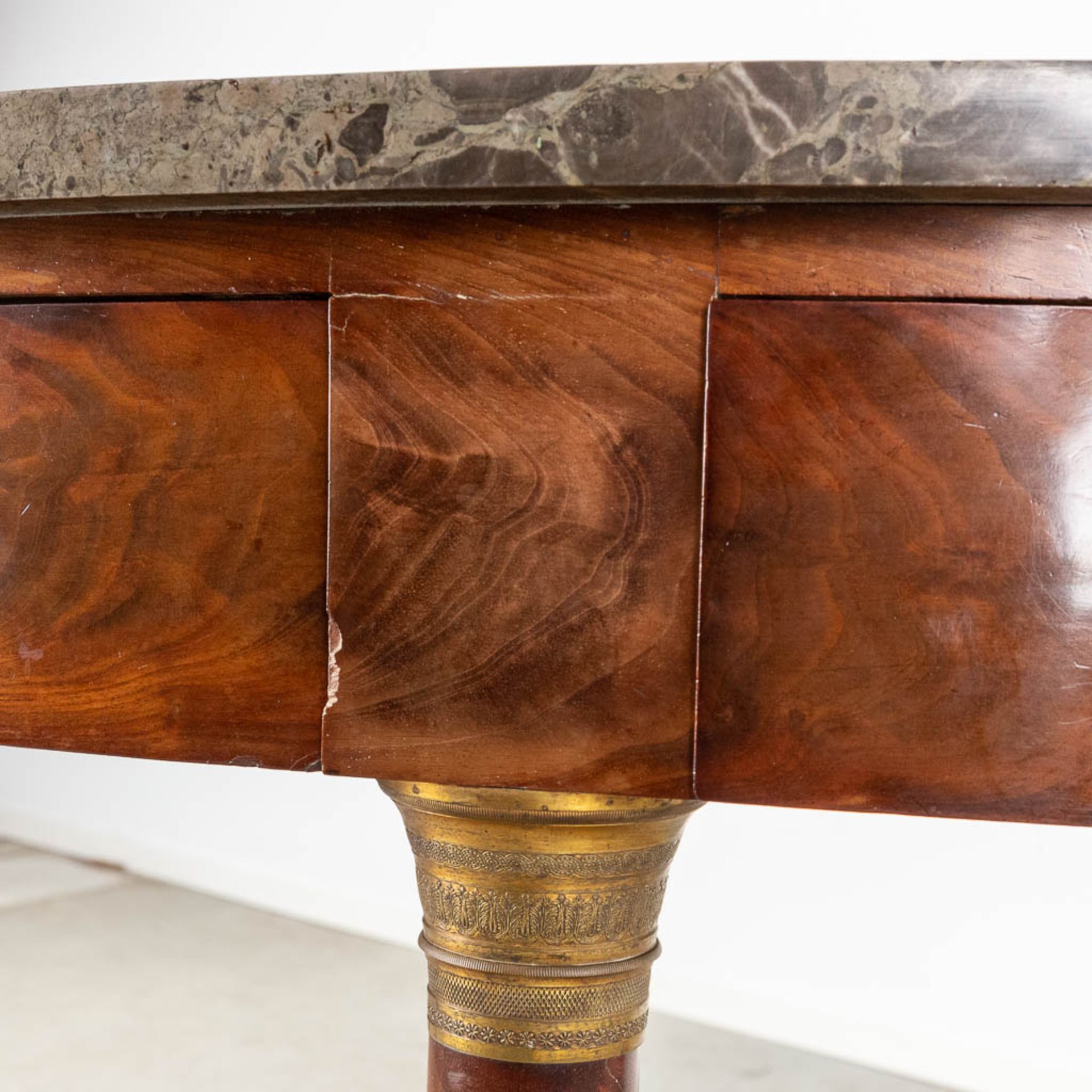 A demi lune, wall console with marble top, empire period. (L:57 x W:143 x H:100 cm) - Image 9 of 17