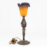 Rethondes, a wrought table lamp with pate de verre lampshade on metal base. (H:42 x D:14 cm)