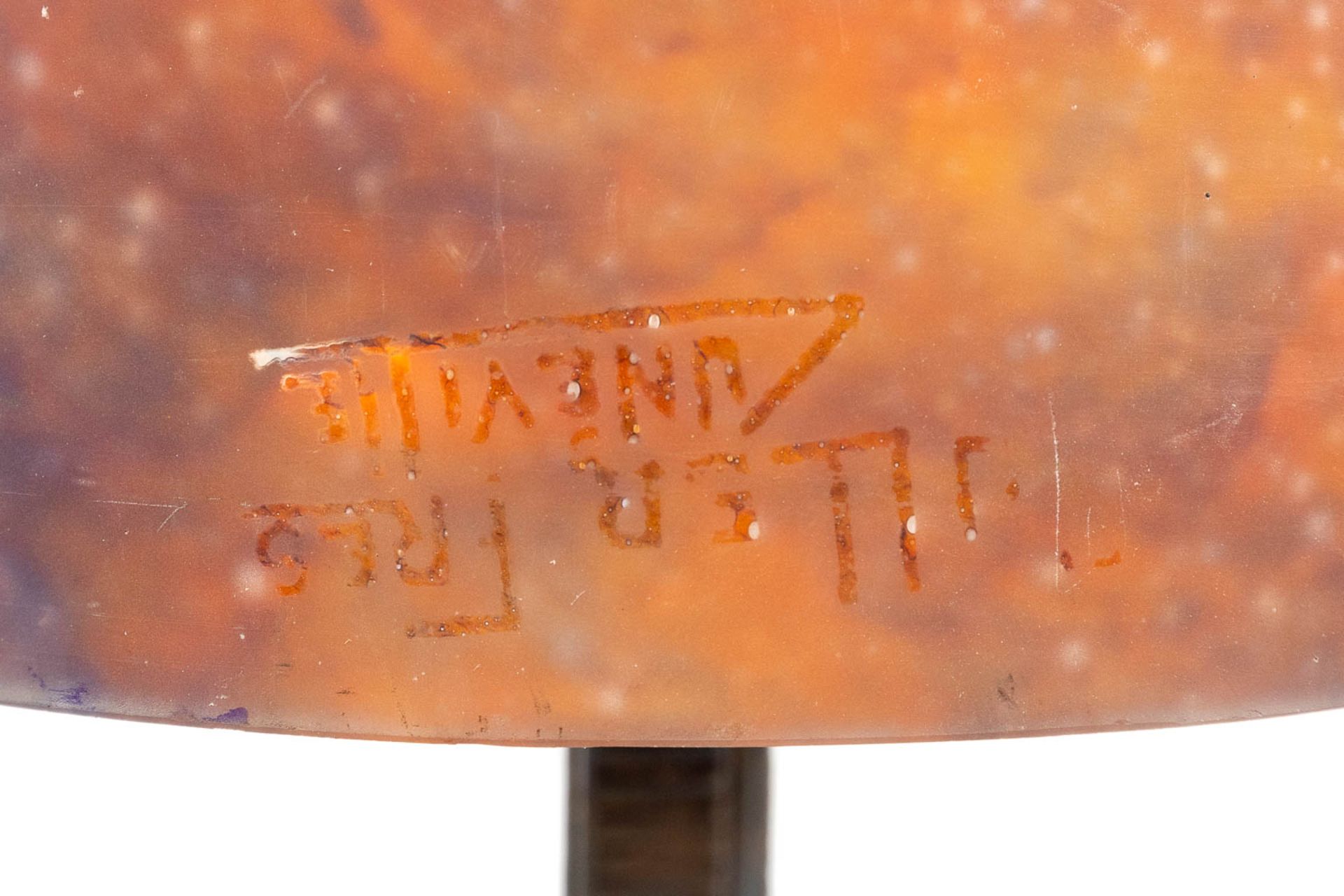 A wrought iron table lamp with pate de verre glass lampshade marked Muller Frres LunŽville. (H:39 - Image 11 of 13