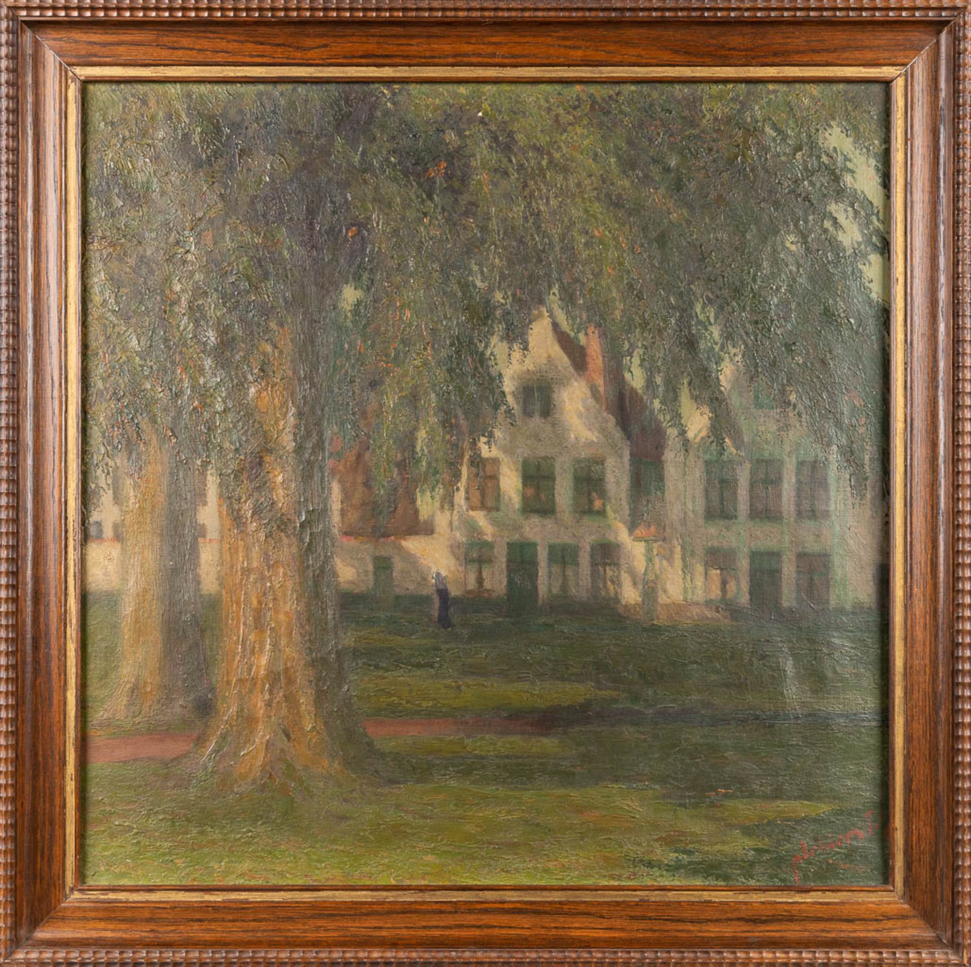 'View of the Beguinage in Bruges' a painting, oil on canvas. (W:63 x H:63 cm) - Bild 3 aus 7