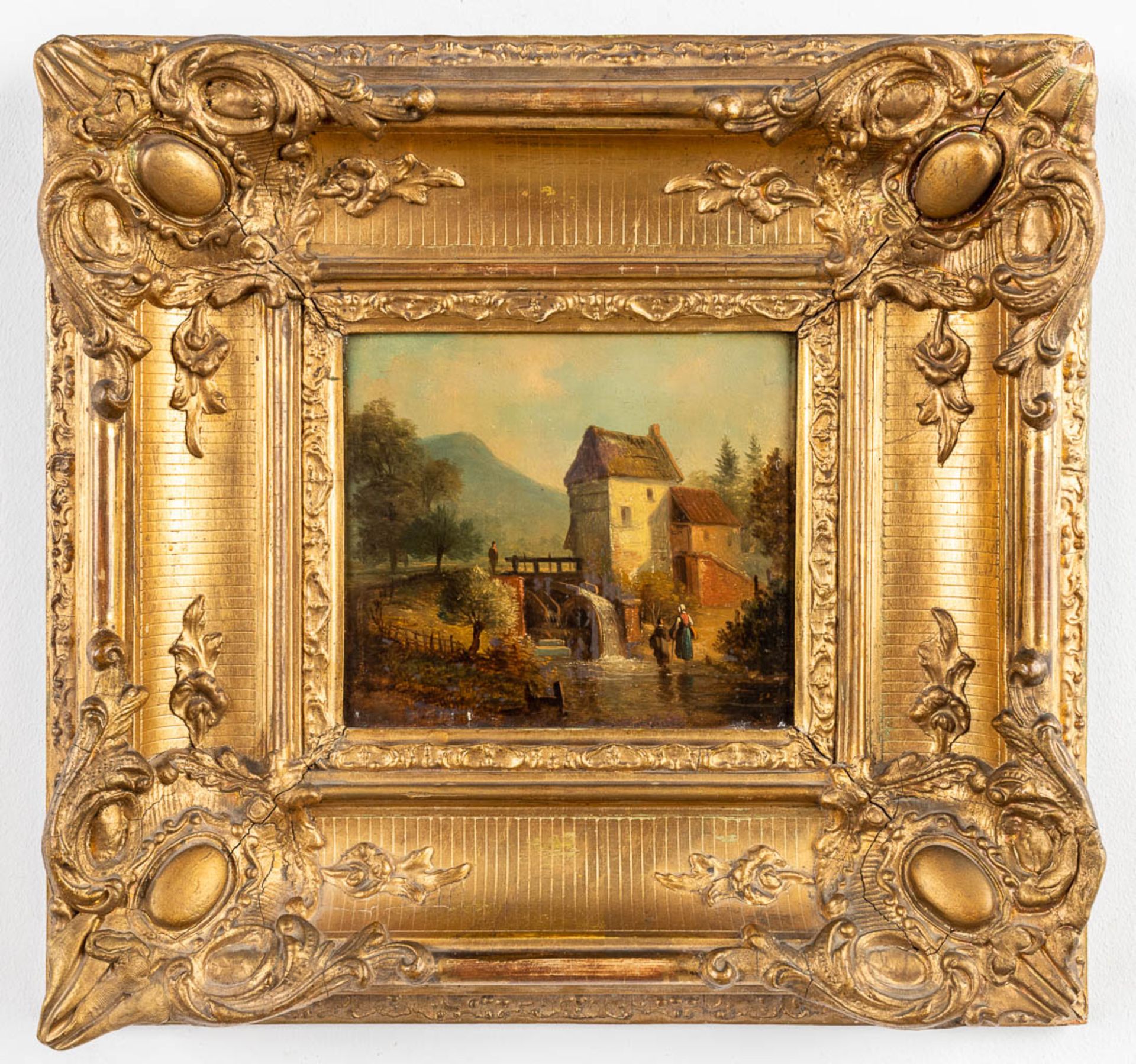 'Landscape with a water mill' an antique painting, oil on panel. (W:17 x H:15 cm) - Image 3 of 6