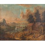 Animated landscape scne', an antique painting, oil on canvas. 18th C. (W:42 x H:33 cm)