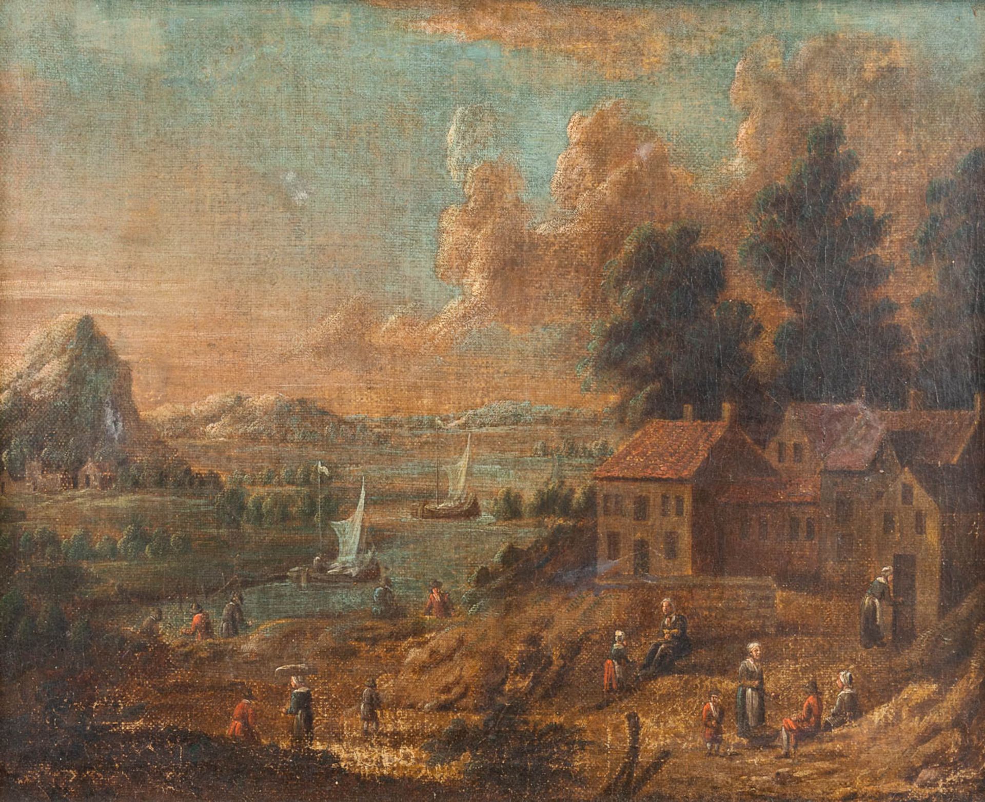 Animated landscape scne', an antique painting, oil on canvas. 18th C. (W:42 x H:33 cm)