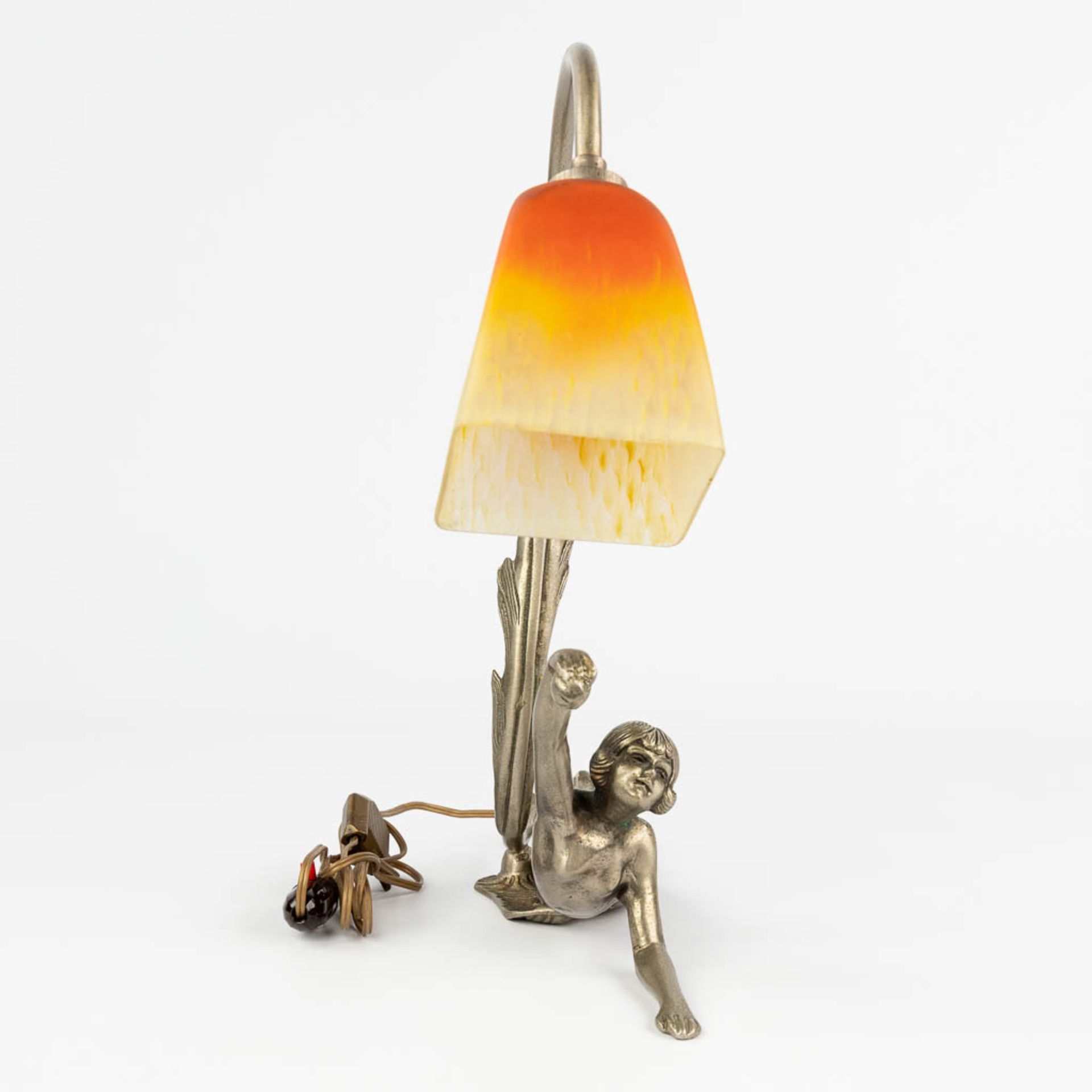 A silver-plated bronze table lamp with reclining lady, and a pate de verre lampshade by Schneider. ( - Image 2 of 13