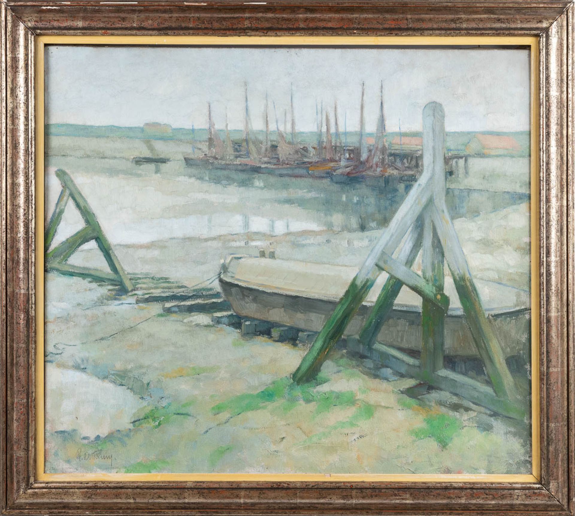 'View of the harbor' a painting, oil on canvas. (W:80 x H:67 cm) - Bild 6 aus 7