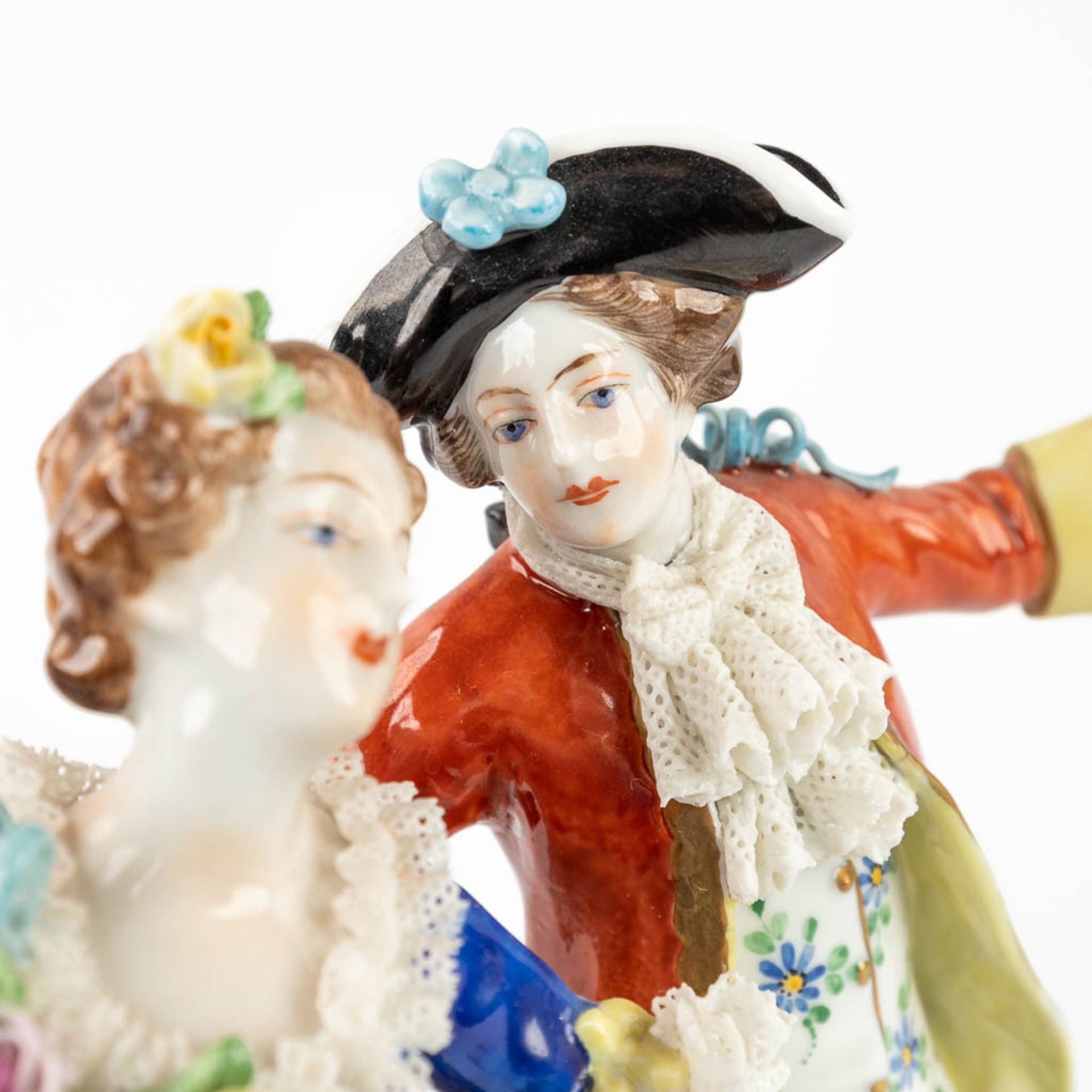 Volkstedt, A figurine of a dancing couple with porcelain lace. Circa 1970. (H:23,5 cm) - Image 12 of 13