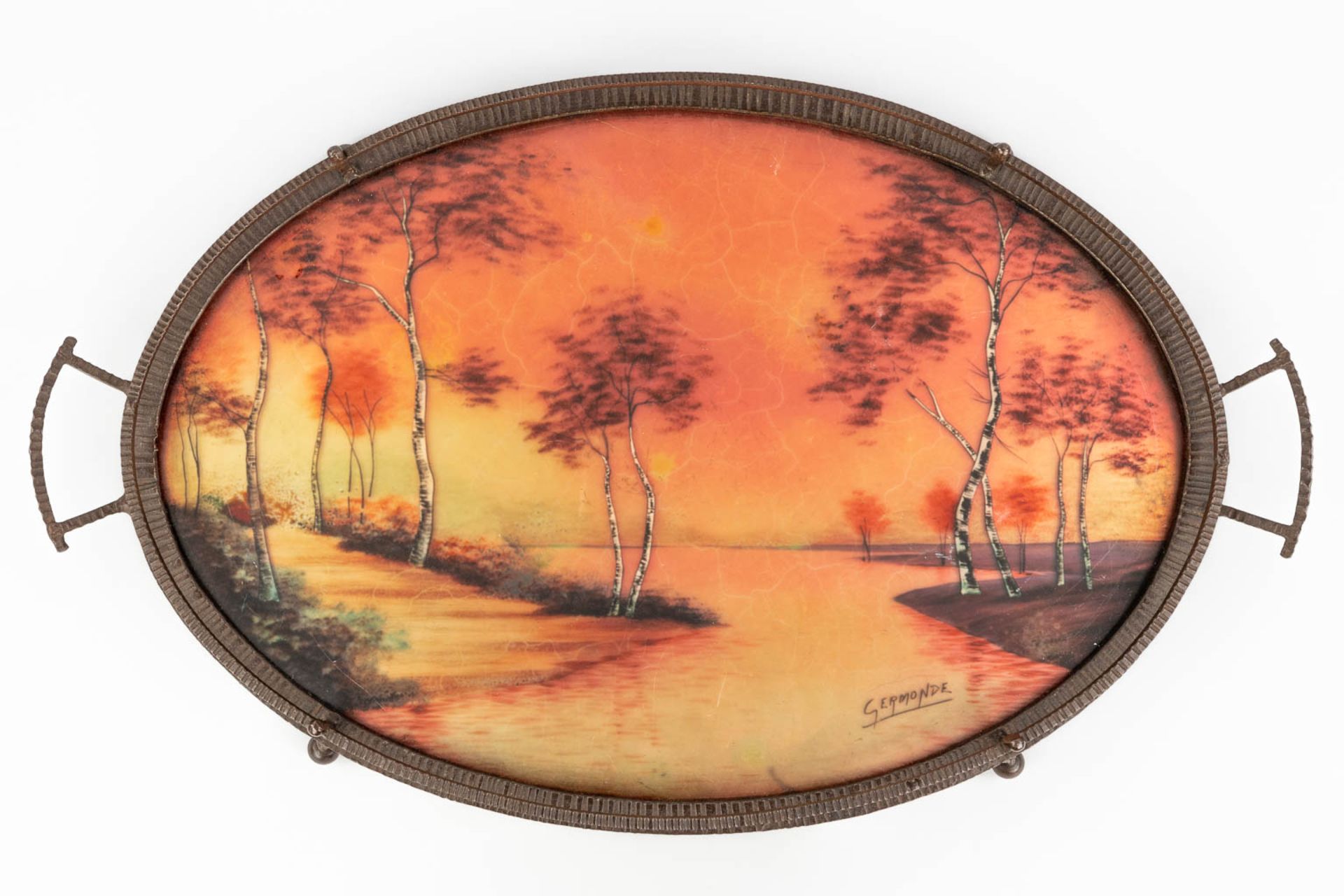 Germonde, a wrought iron and reverse glass painting serving tray in art deco style. Circa 1920. (L: - Image 15 of 17