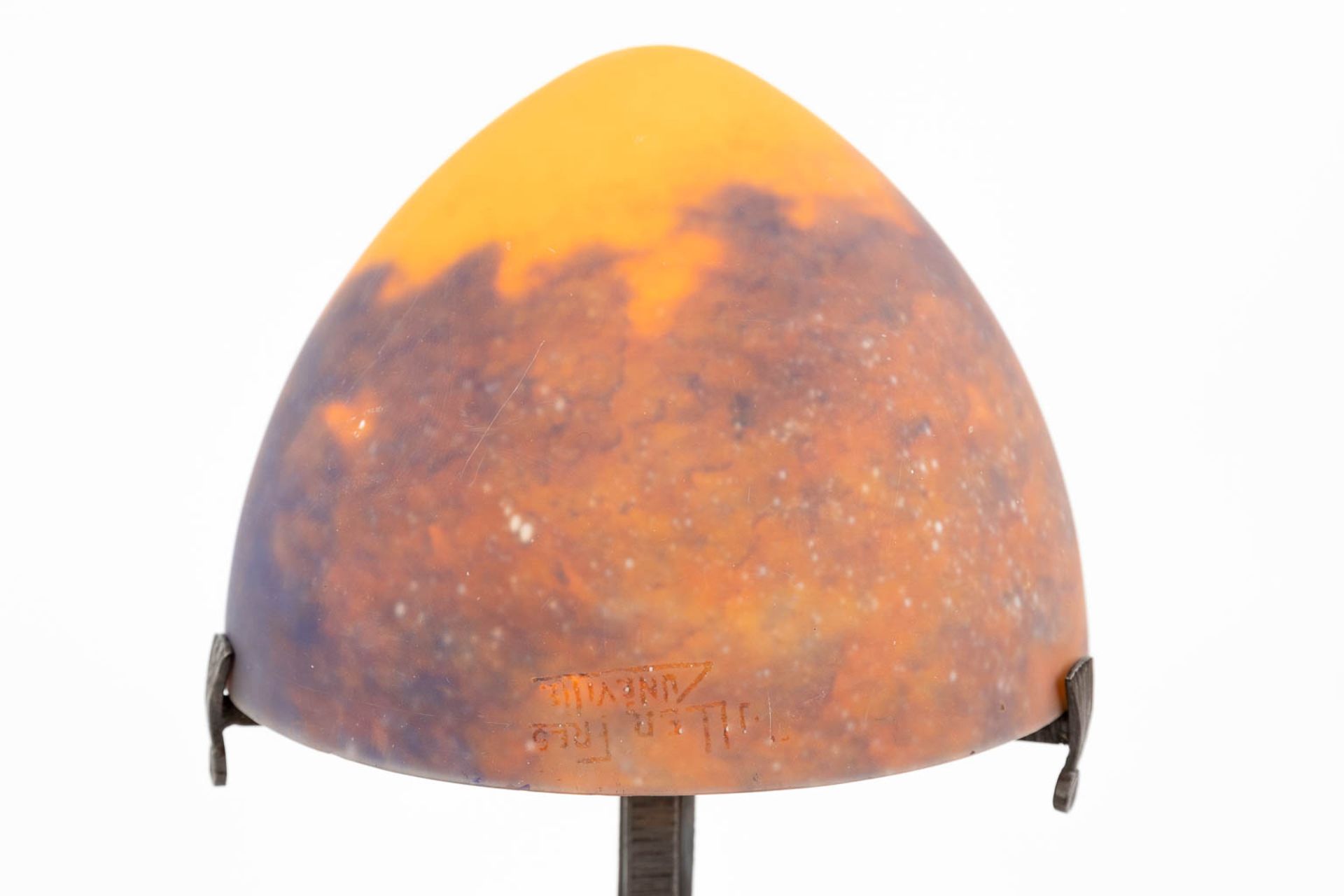 A wrought iron table lamp with pate de verre glass lampshade marked Muller Frres LunŽville. (H:39 - Image 4 of 13