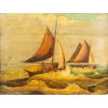 Rough Sea' a painting of two sailboats, oil on panel. 19th C. (W:40 x H:30 cm)