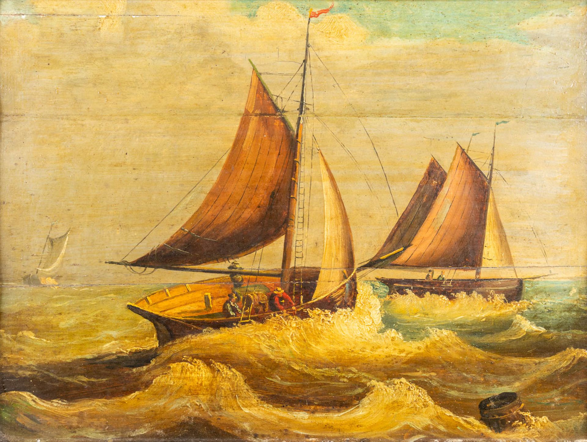 Rough Sea' a painting of two sailboats, oil on panel. 19th C. (W:40 x H:30 cm)