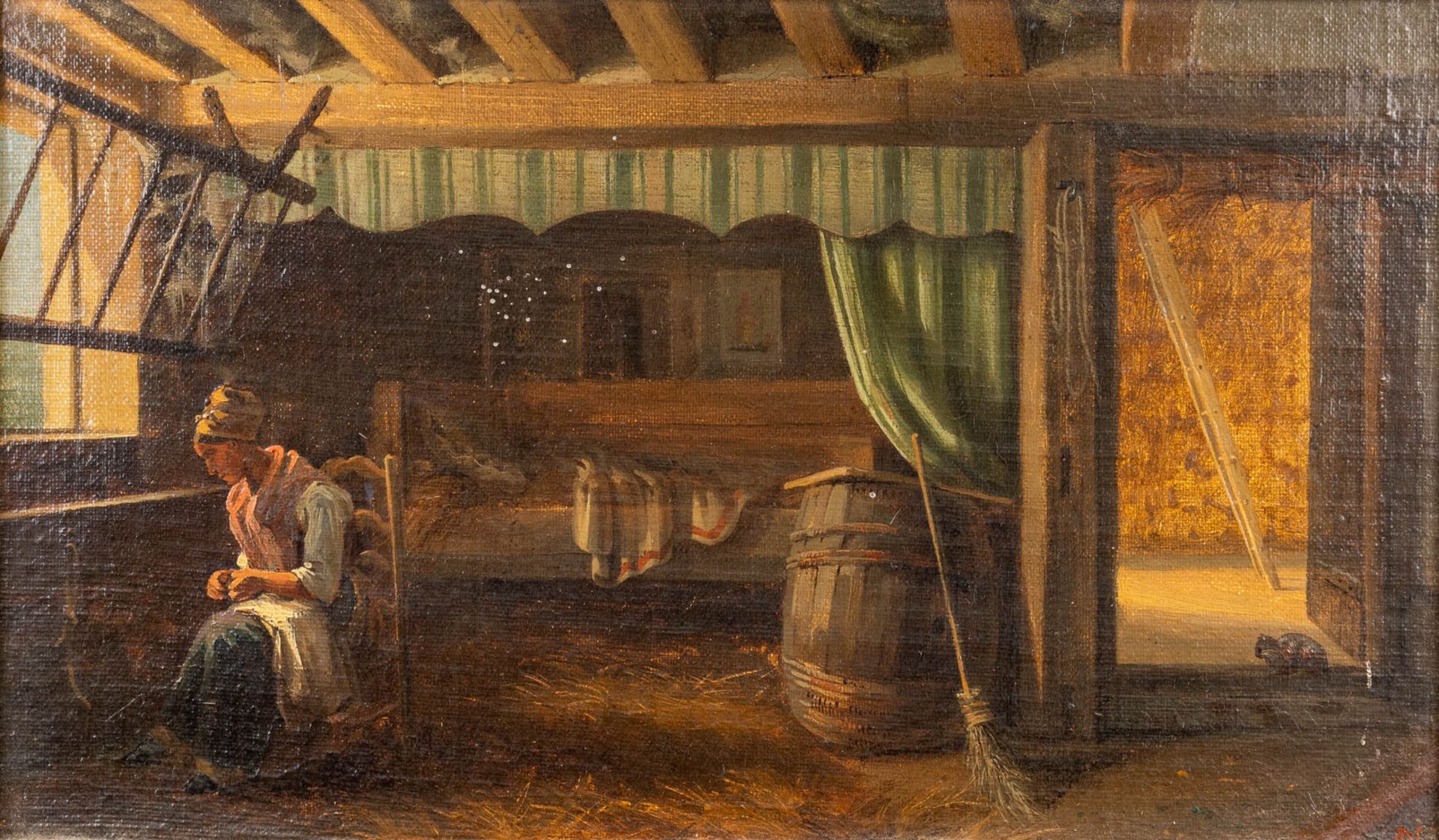 Monogram E.M. 'Interior of a stable', a painting, oil on panel. 19th C. (W:36 x H:21 cm)