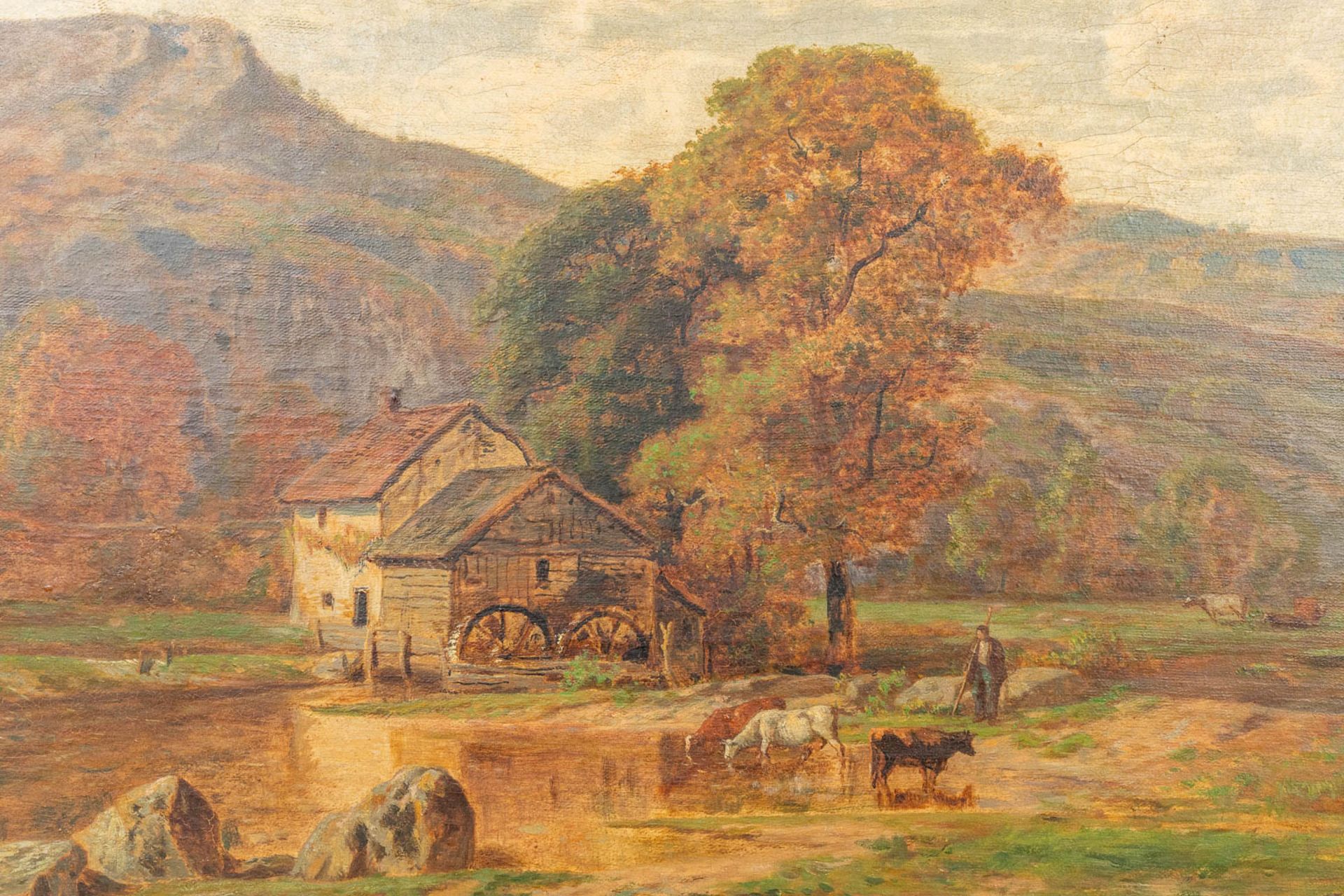 An antique painting 'Mountain Landscape with animals and figurines' a painting, oil on canvas. (W:10 - Bild 4 aus 7