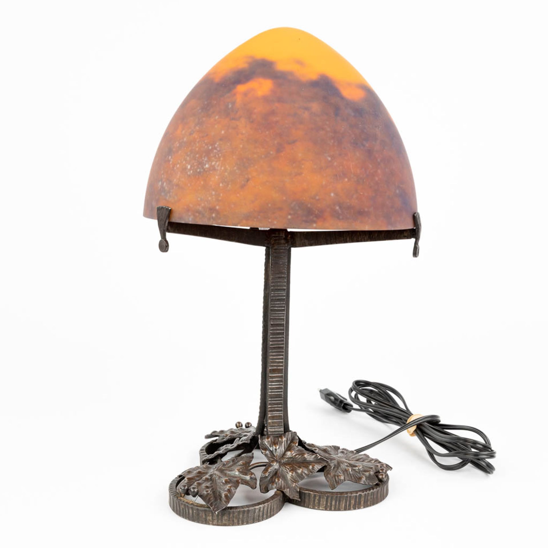 A wrought iron table lamp with pate de verre glass lampshade marked Muller Frres LunŽville. (H:39 - Image 7 of 13