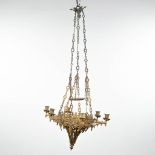 A candle chandelier 'Eternal Light' in gothic revival style, made of gilt bronze. 19th C. (H:115 x D