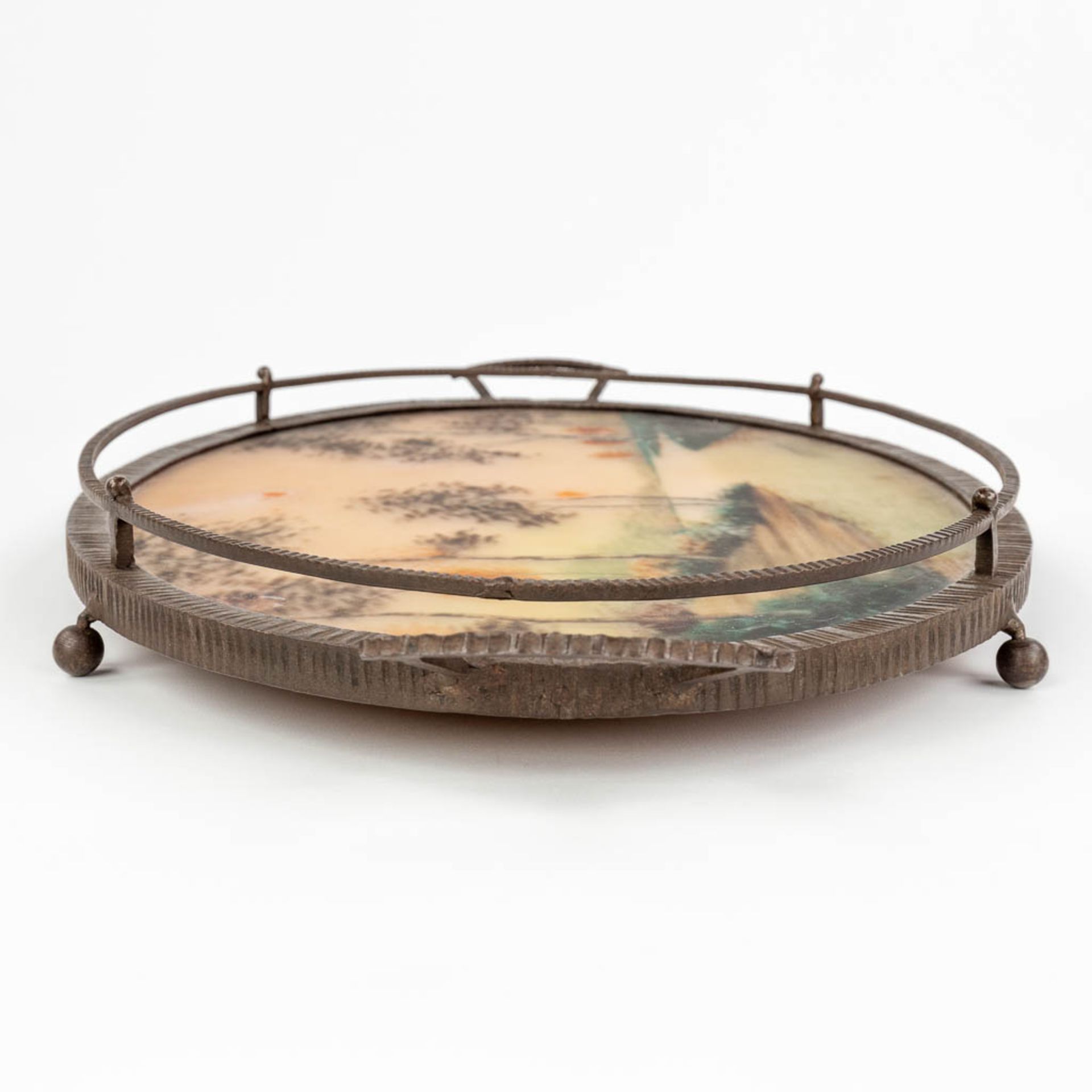 Germonde, a wrought iron and reverse glass painting serving tray in art deco style. Circa 1920. (L: - Image 2 of 17