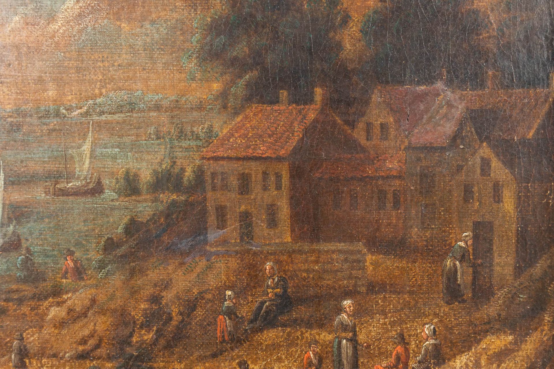 Animated landscape scne', an antique painting, oil on canvas. 18th C. (W:42 x H:33 cm) - Image 7 of 8