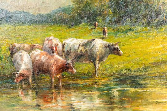 Landscape with cattle' a painting, oil on canvas. Illegibly signed. (W:57 x H:78 cm) - Image 4 of 7