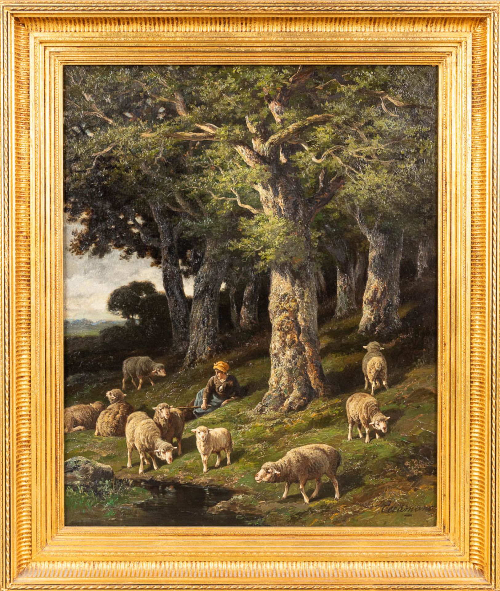 Charles Ferdinand CERAMANO (1829/31-1909) 'Sheep in the Barbizon Forest', oil on canvas. (W:60 x H: - Image 3 of 7