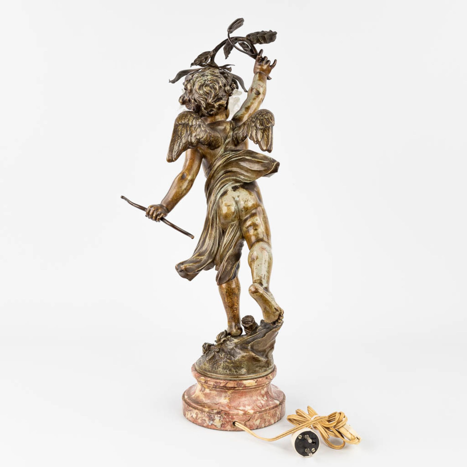 Jean-Louis GR_GOIRE (1840-1890) 'Putto with a light', a figurative table lamp, patinated bronze. (H - Image 6 of 14