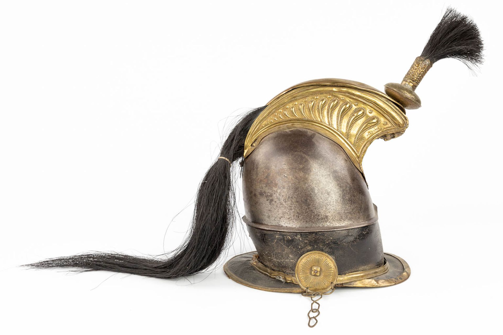 A Belgian 'Cruissasier' helmet, marked Fabrication Lige, 1831. (L:36 x W:20 x H:39 cm) - Image 6 of 15