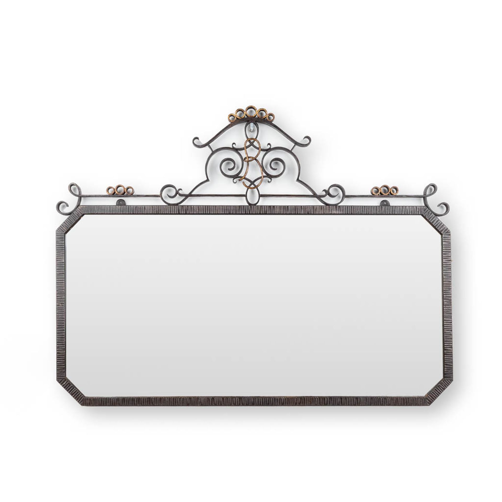 A mirror with a wrought iron frame, circa 1920. (W:80 x H:60 cm)