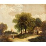 'The Church', a landscape, oil on canvas. 19th C. (W:61,5 x H:51 cm)