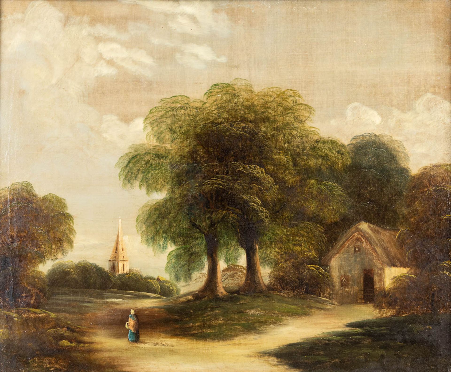 'The Church', a landscape, oil on canvas. 19th C. (W:61,5 x H:51 cm)