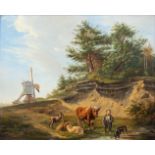 Balthazar Paul OMMEGANCK (1755-1826) 'Landscape with cattle and a windmill', oil on panel. (W:47 x