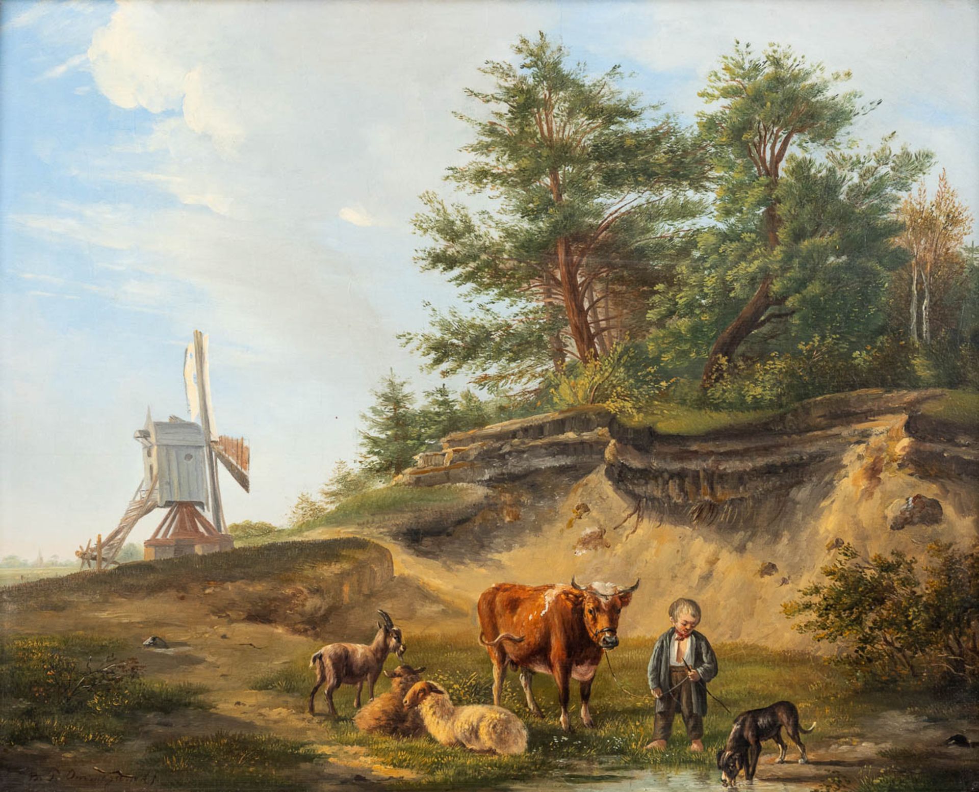 Balthazar Paul OMMEGANCK (1755-1826) 'Landscape with cattle and a windmill', oil on panel. (W:47 x