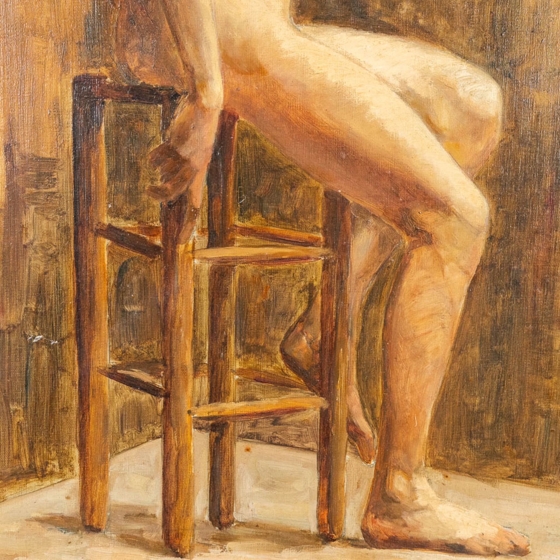 A painting 'Posing Nude Figurine', probably made in France. Oil on canvas (W:47 x H:61 cm) - Image 5 of 6