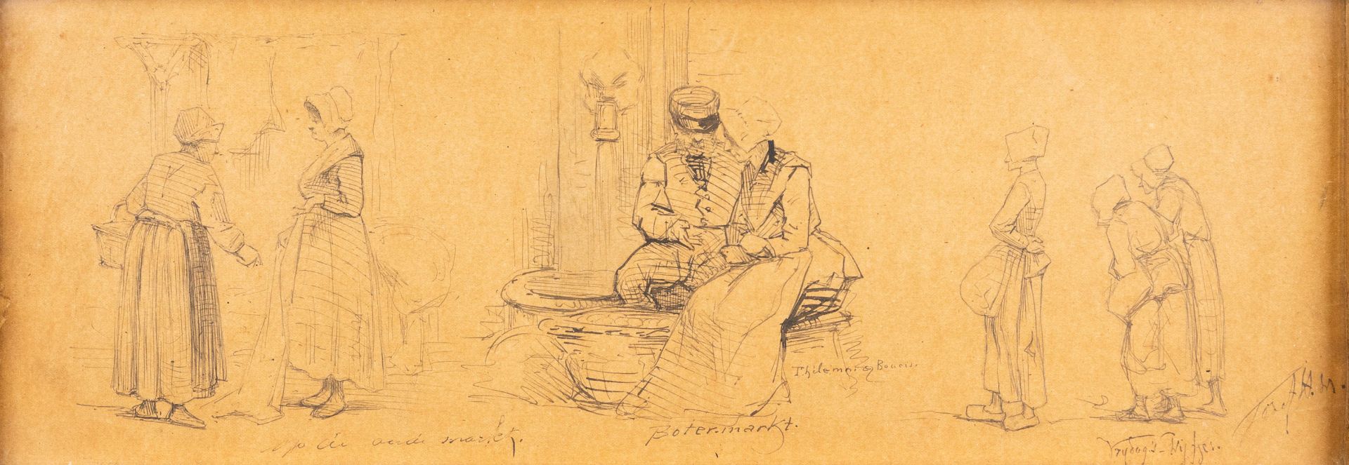 Jozef HOEVENAAR (1840-1926) 'Er Is Wat Gaande & Botermarkt' a pair of drawings. (W:36 x H:15 cm) - Image 9 of 14