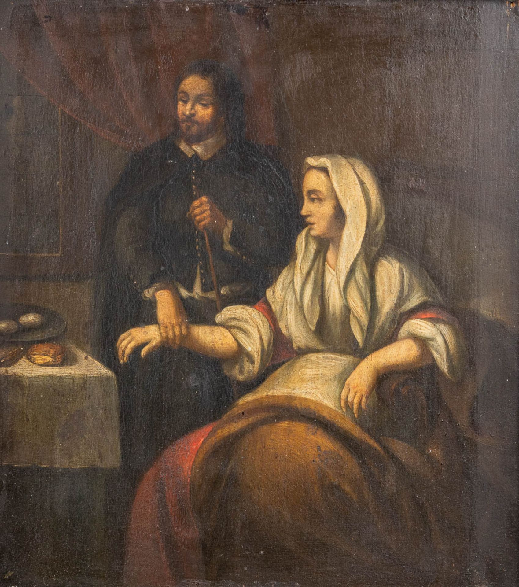 The Doctor's Visit', an antique painting, oil on panel. 19th C. (W:25 x H:29 cm)