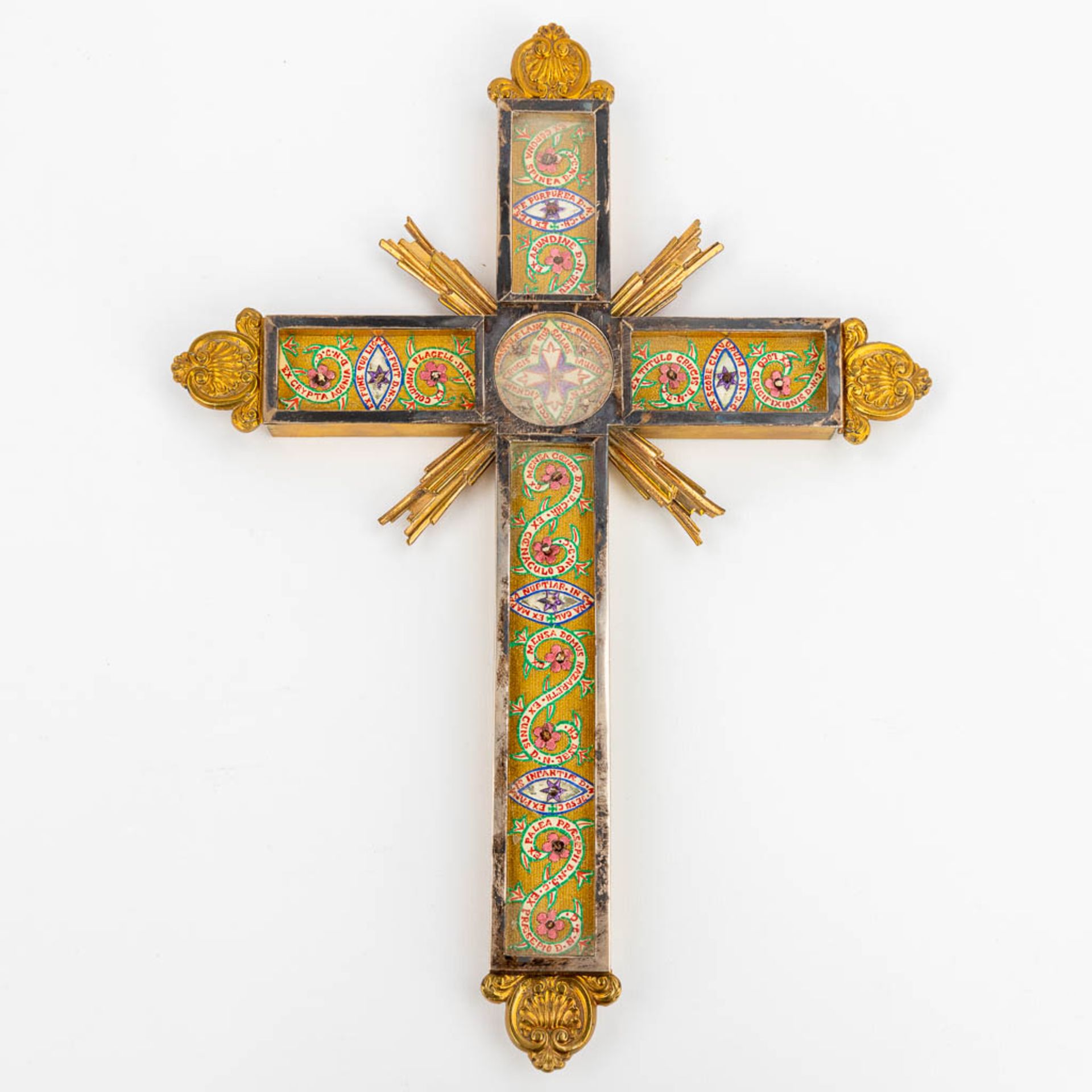 An antique reliquary box with relics a relic crucifix and embroidery. (L:13 x W:52 x H:75 cm) - Image 5 of 23