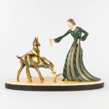 Lady feeding the deer, a statue made in art deco style. Spelter and marble. (L:20 x W:60 x H:42 cm)