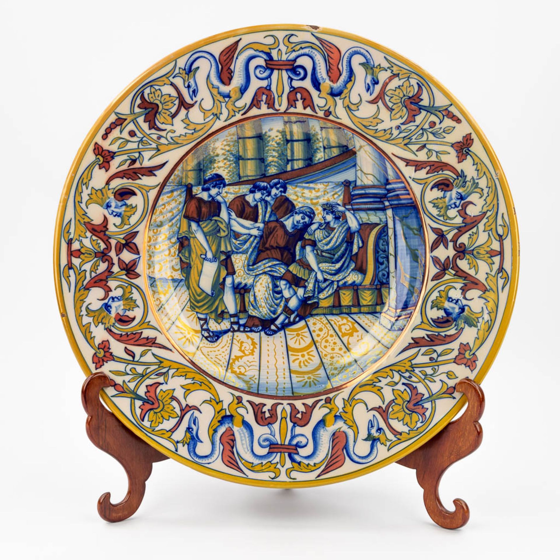 An antique Majolica Plate, with hand-painted decor. Umbra, Italy. (H:6,5 x D:43 cm) - Bild 14 aus 16