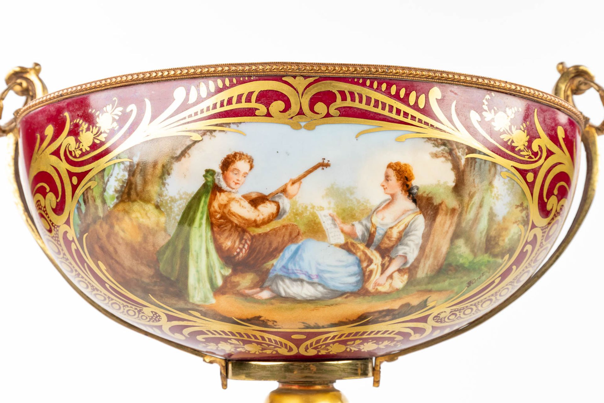 Limoges, a large bowl on a stand, with hand-painted decor. (L:20 x W:37 x H:31 cm) - Image 9 of 16