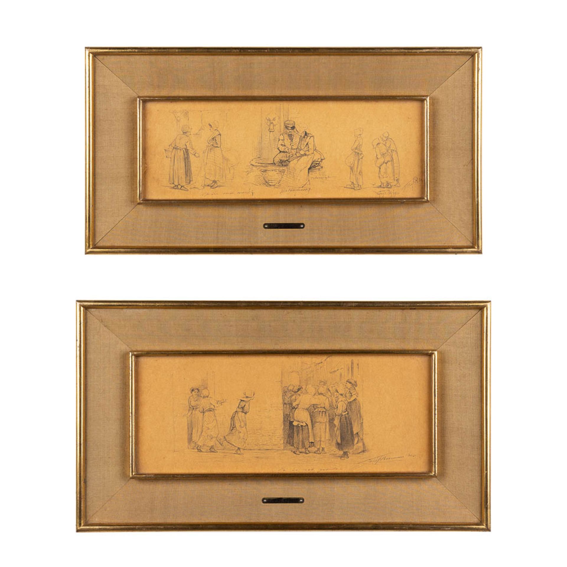 Jozef HOEVENAAR (1840-1926) 'Er Is Wat Gaande & Botermarkt' a pair of drawings. (W:36 x H:15 cm)