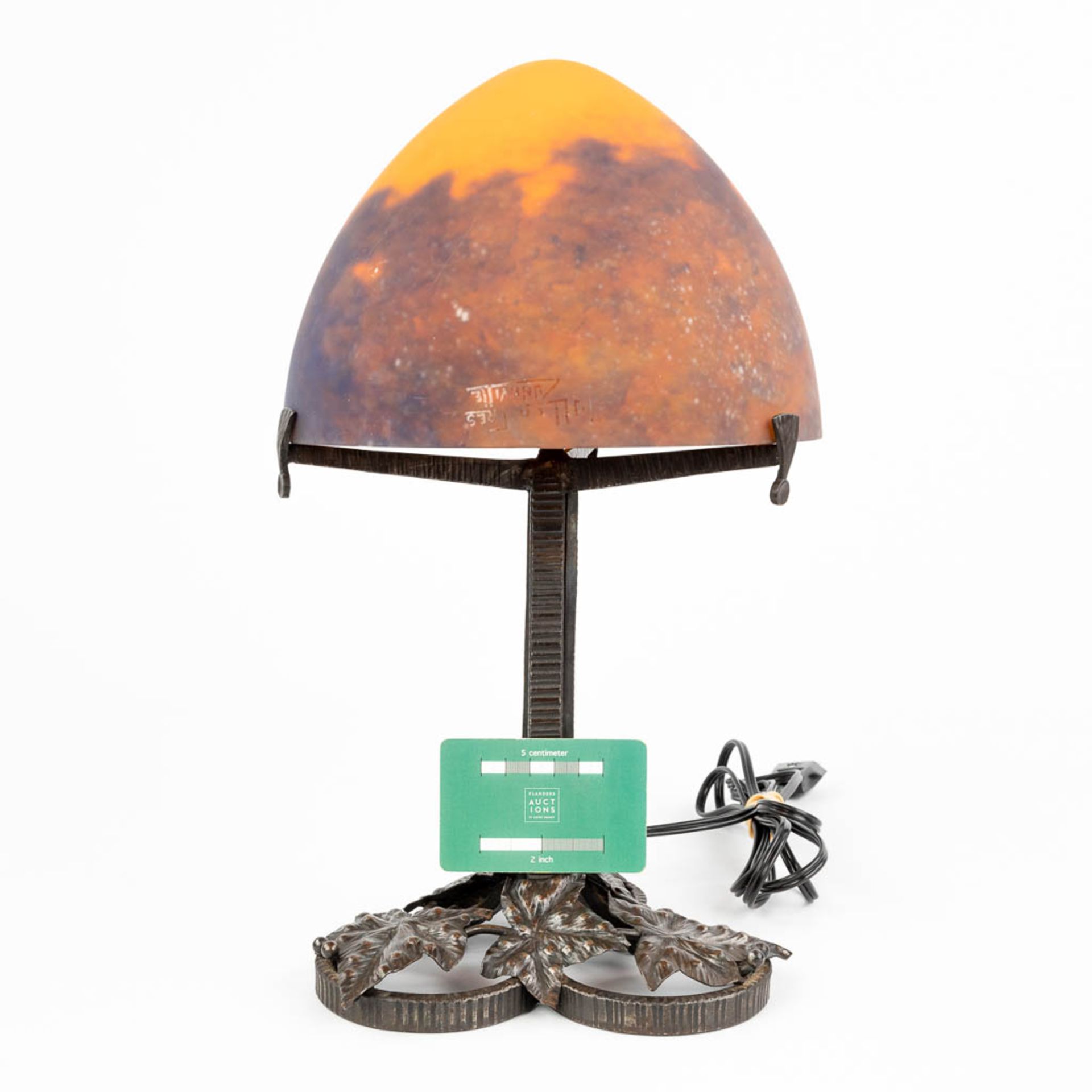 A wrought iron table lamp with pate de verre glass lampshade marked Muller Frres LunŽville. (H:39 - Image 3 of 13