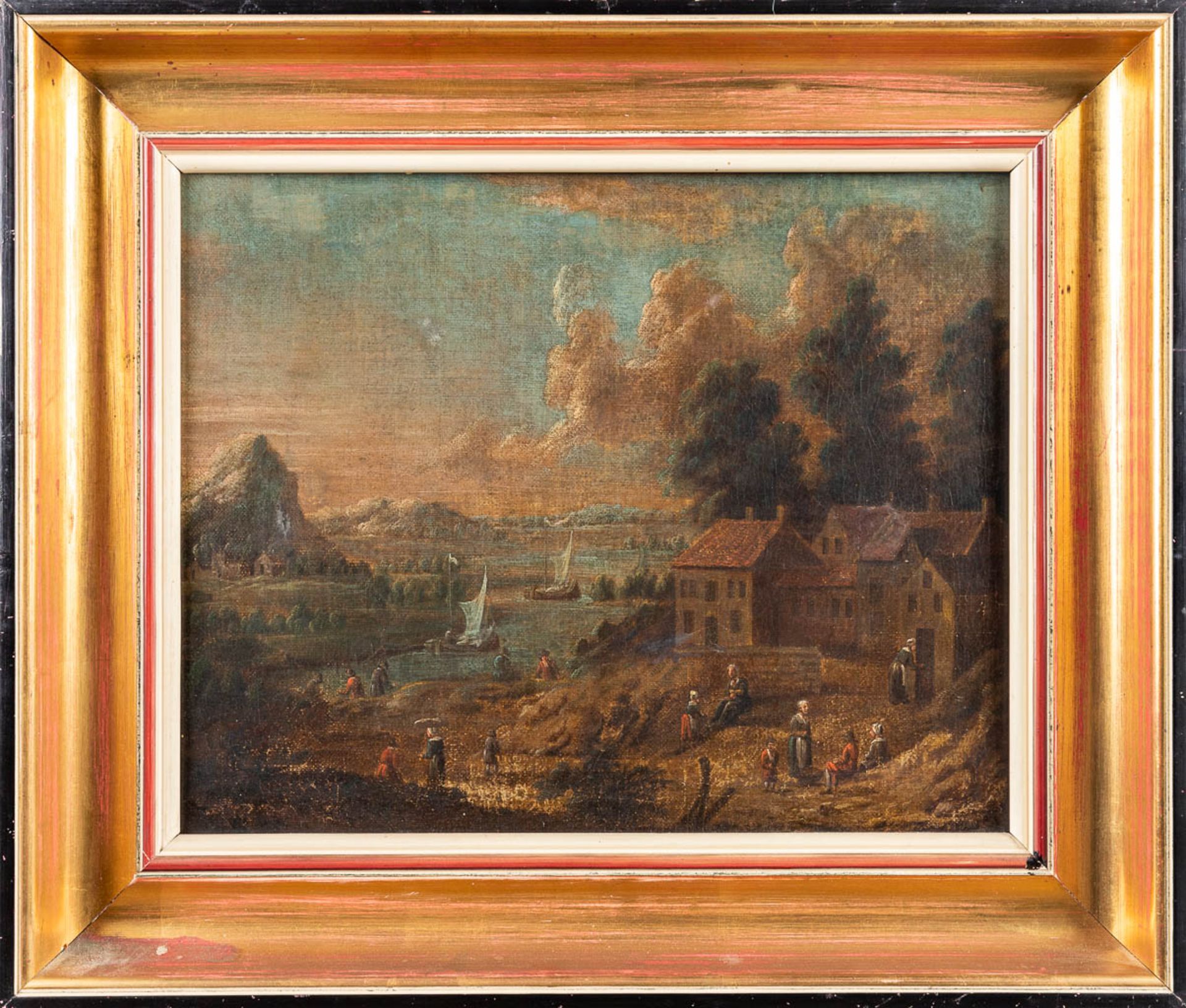 Animated landscape scne', an antique painting, oil on canvas. 18th C. (W:42 x H:33 cm) - Image 3 of 8