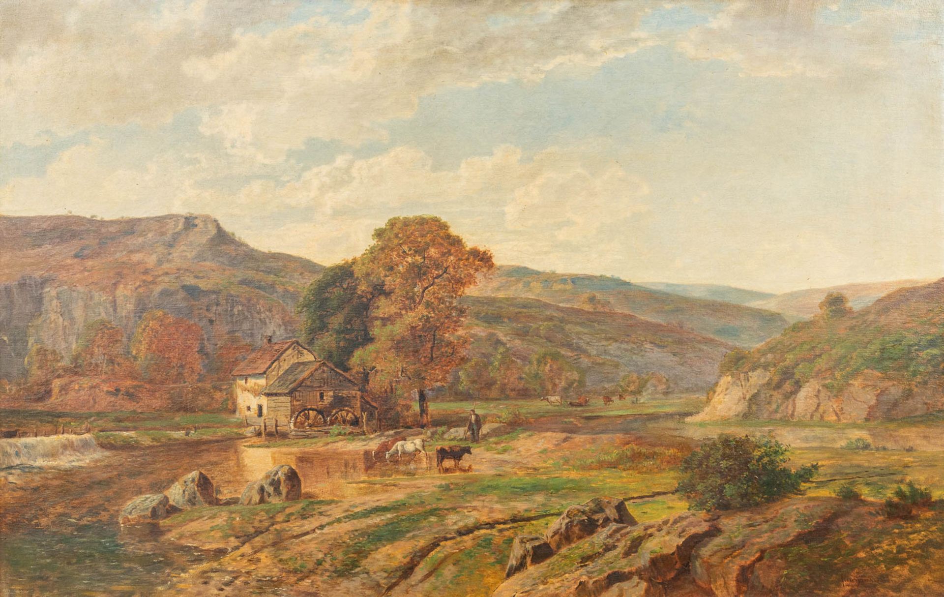 An antique painting 'Mountain Landscape with animals and figurines' a painting, oil on canvas. (W:10