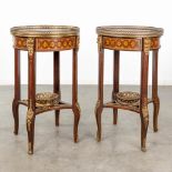 A pair of side tables finished with marquetry inlay and mounted with bronze. (H:79 x D:48 cm)