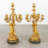 A pair of candelabra made of gilt bronze on a marble stand and decorated with putti. 19th C. (L:28